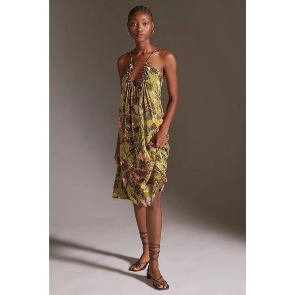 Anthropologie | Women's Green V-Neck Kenzie Parrott Beaded Mini Dress Size XXS - Picture 2 of 12